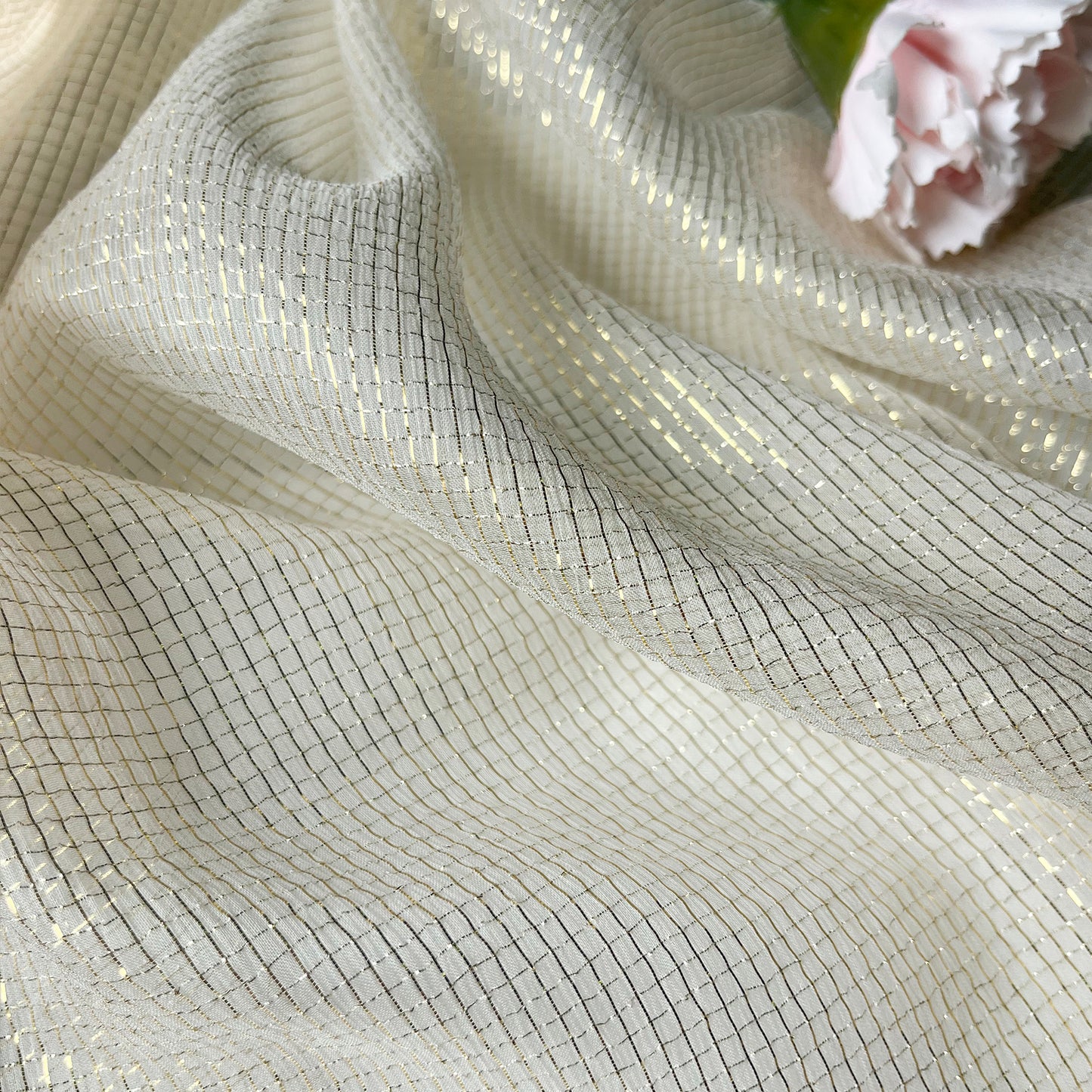 6 Momme Silk Crinkle Chiffon Golden Checkered Shiny Striped Clothing Fabric Elegant Luxury For Women For Sewing By Meters