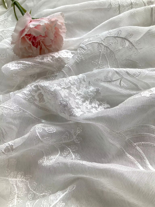 Natural Silk Crinkle Chiffon Embroidery White Clothing Fabric Scarf Tulle Dresses Elegant Luxury For Women For Sewing SC1